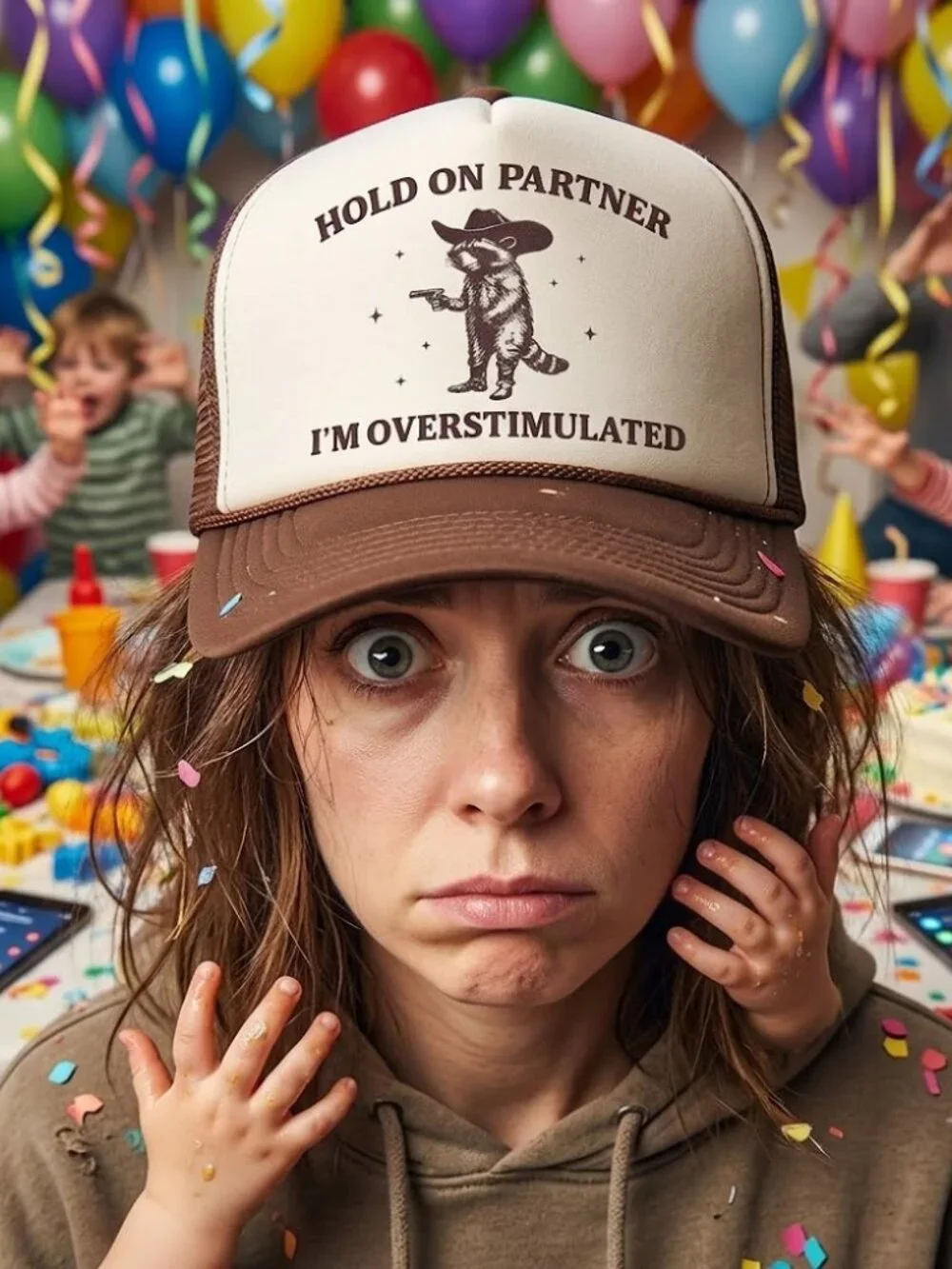Funny Raccoon Cowboy Trucker Hat Overstimulated Hold On Partner Snapback Retro